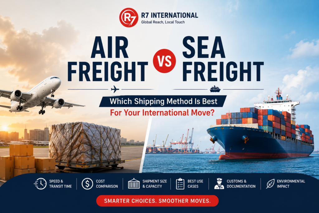 Comparison of air freight vs sea freight for international moves, showing air cargo transport and container shipping with key differences in transit time, cost, shipment size, customs requirements, and environmental impact.