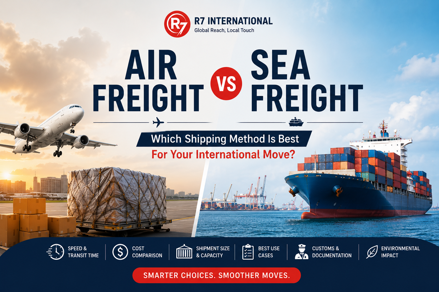 Comparison of air freight vs sea freight for international moves, showing air cargo transport and container shipping with key differences in transit time, cost, shipment size, customs requirements, and environmental impact.