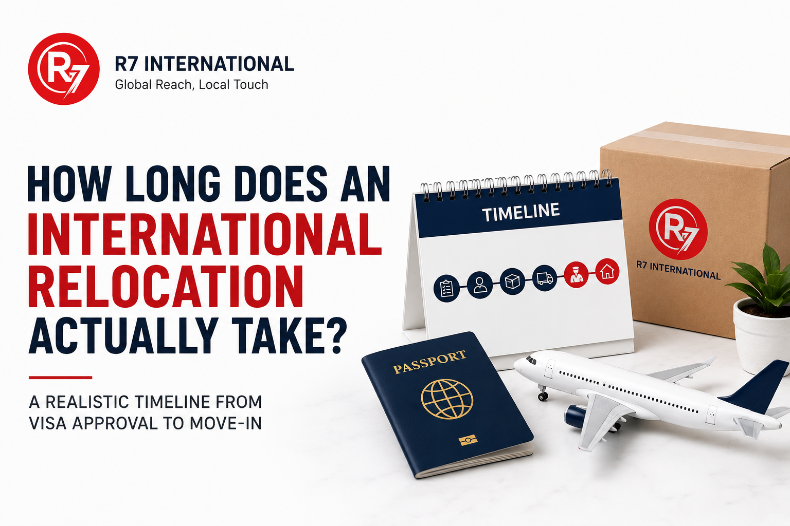 International relocation timeline showing visa approval, packing, shipping, customs clearance, and destination services for global employee relocations