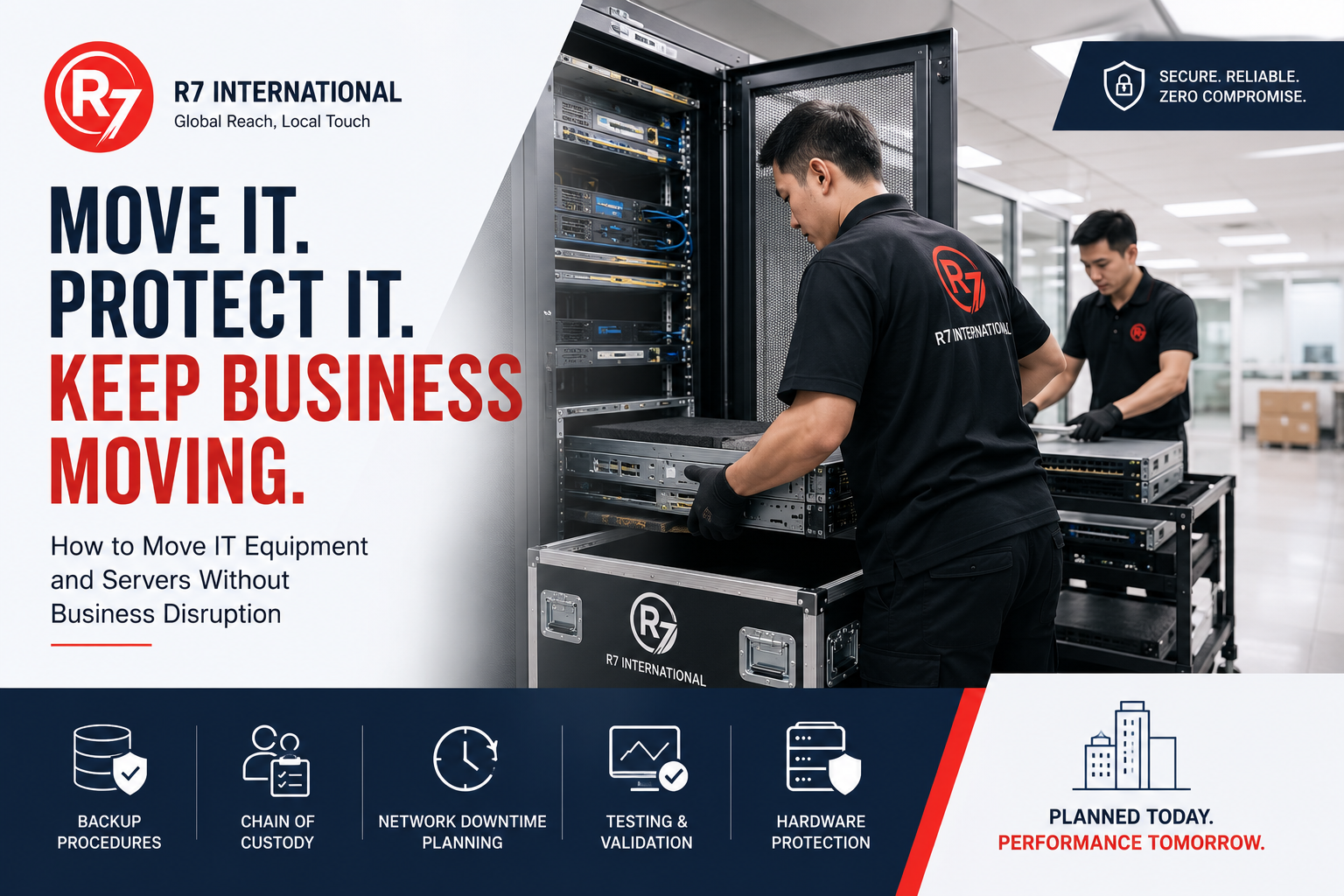 R7 International technicians performing a server relocation and office IT moving project, safely transferring rack-mounted servers and network equipment during an office relocation.