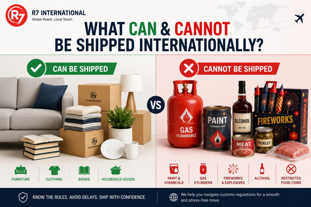 International shipping guide showing prohibited moving items and customs restricted goods compared with household goods that can be shipped internationally.