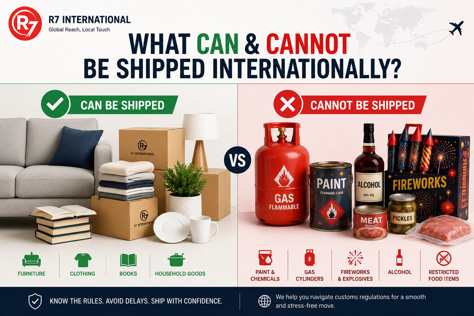 International shipping guide showing prohibited moving items and customs restricted goods compared with household goods that can be shipped internationally.