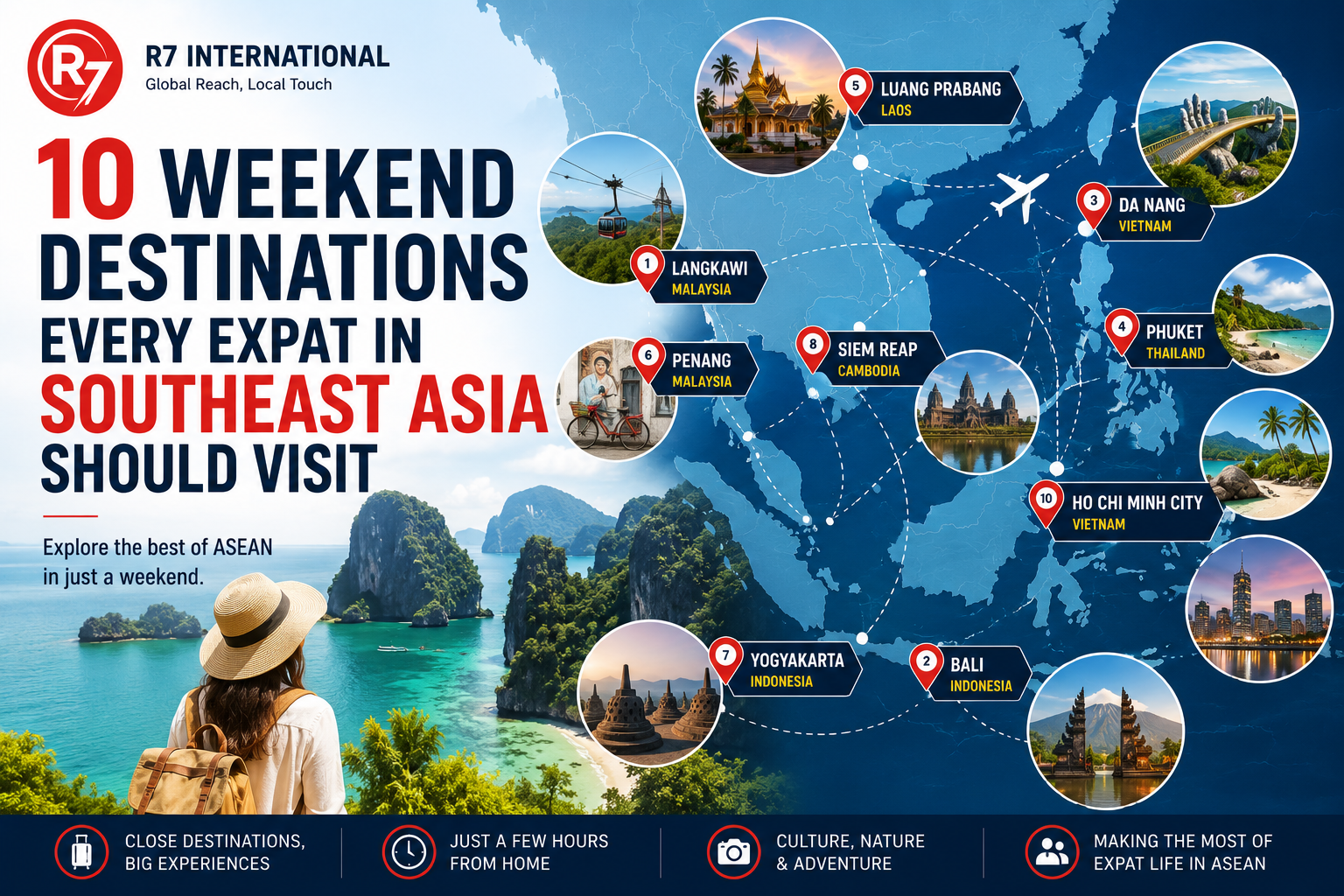 Travel map of Southeast Asia highlighting popular weekend destinations for expatriates including Bali, Langkawi, Penang, Phuket, Da Nang, Luang Prabang, Siem Reap, Yogyakarta, Koh Samui, and Ho Chi Minh City.