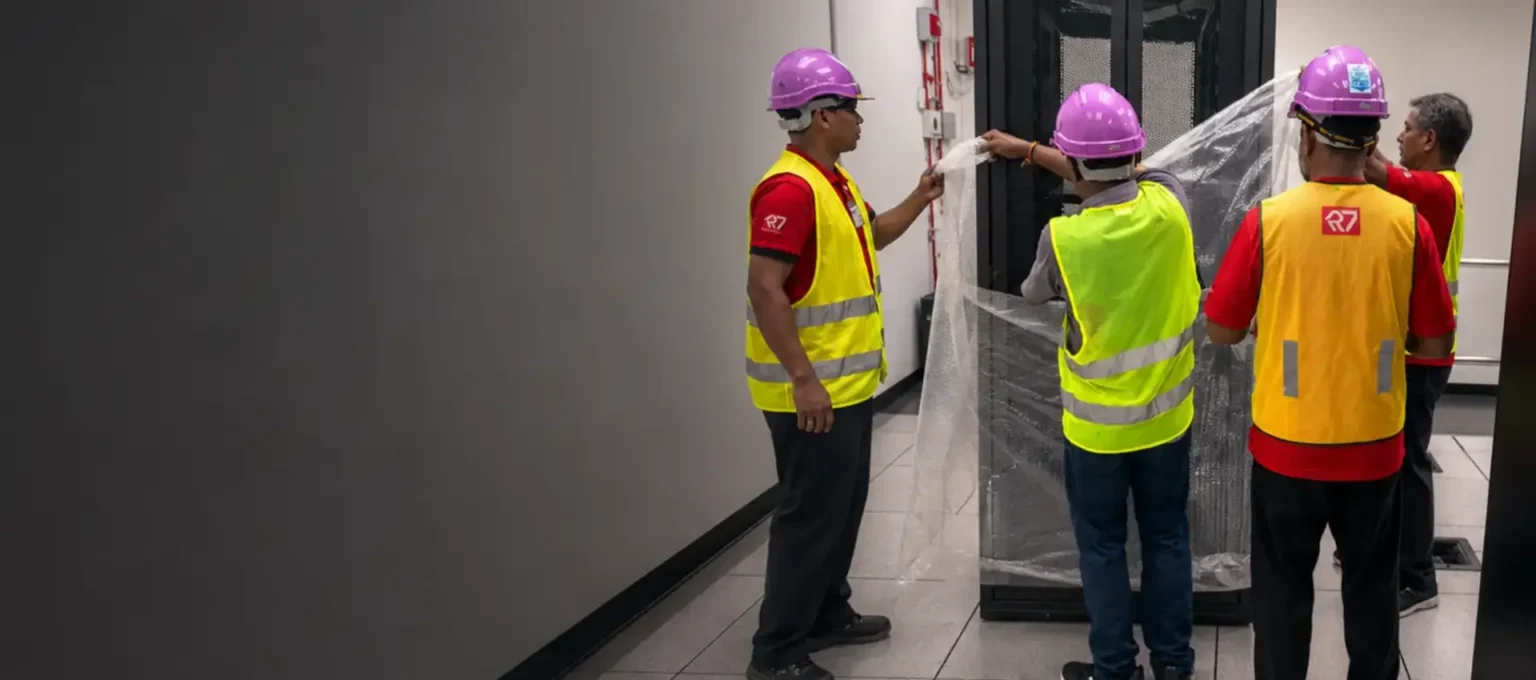 R7 crew in hard hats and safety vests wrapping a server rack in plastic film