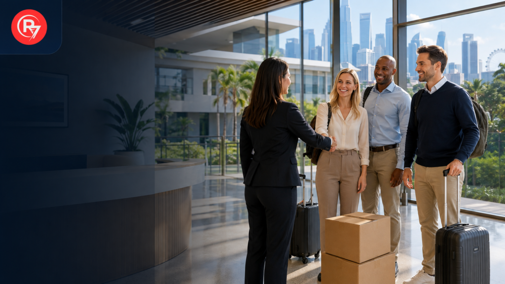 International teachers arriving in Singapore and being welcomed by a school HR representative with luggage and moving boxes