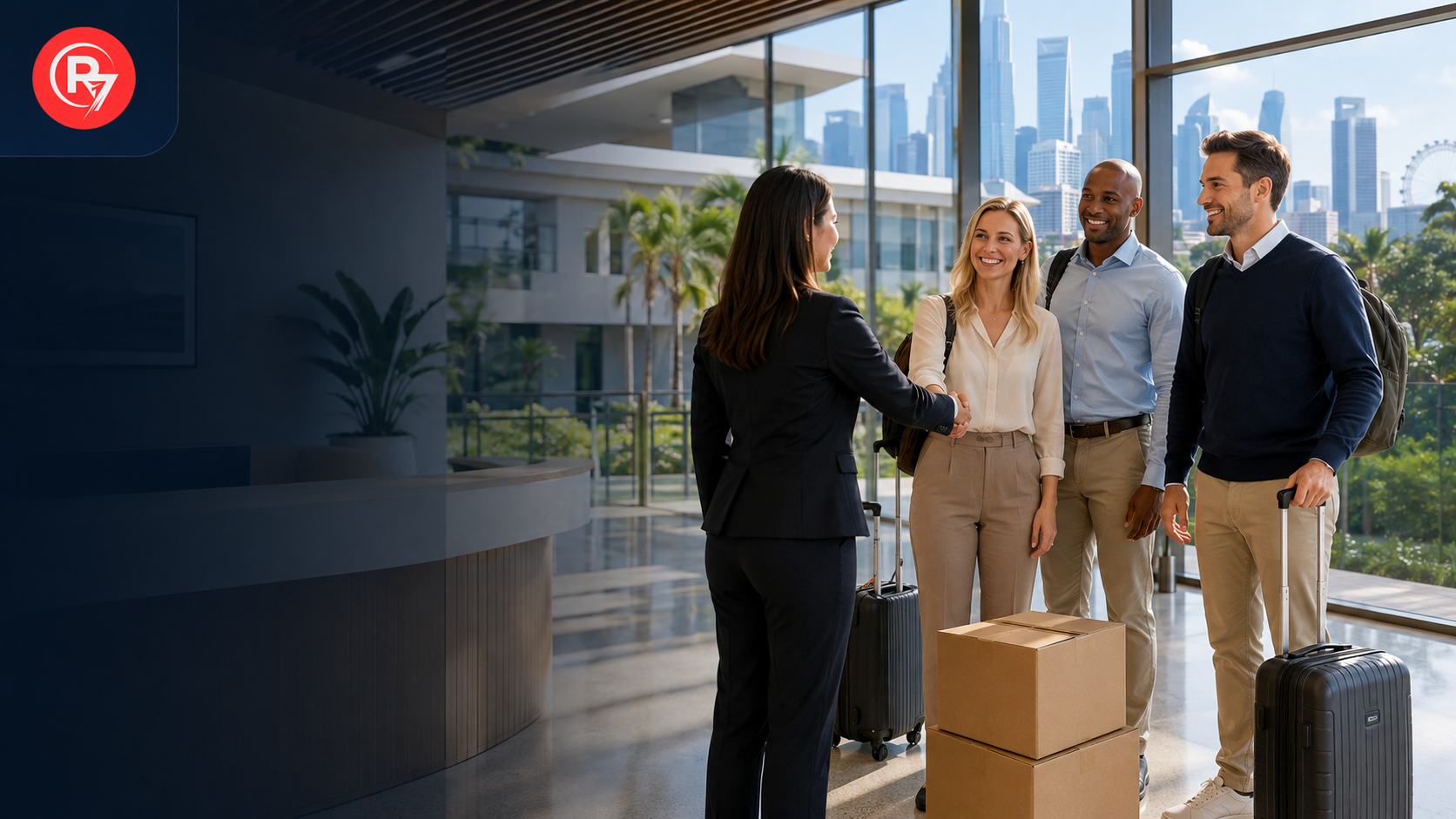International teachers arriving in Singapore and being welcomed by a school HR representative with luggage and moving boxes