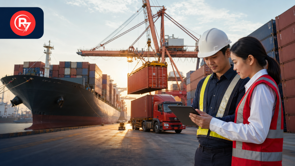 Container being transferred from a vessel at a destination port while logistics professionals review terminal and import handling costs.