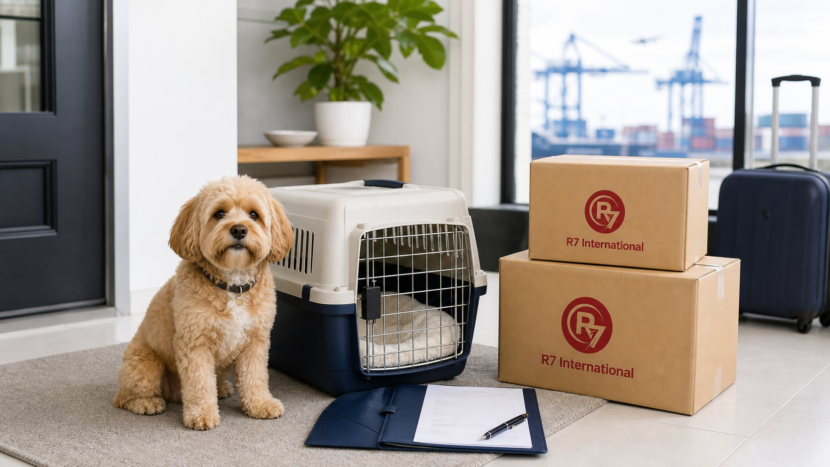 R7 International branded moving boxes beside a pet travel crate and dog