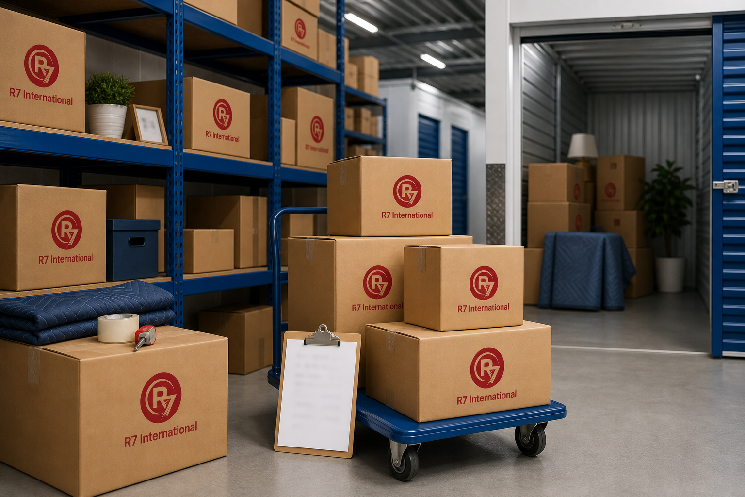 R7 International branded moving boxes organised in a secure storage facility