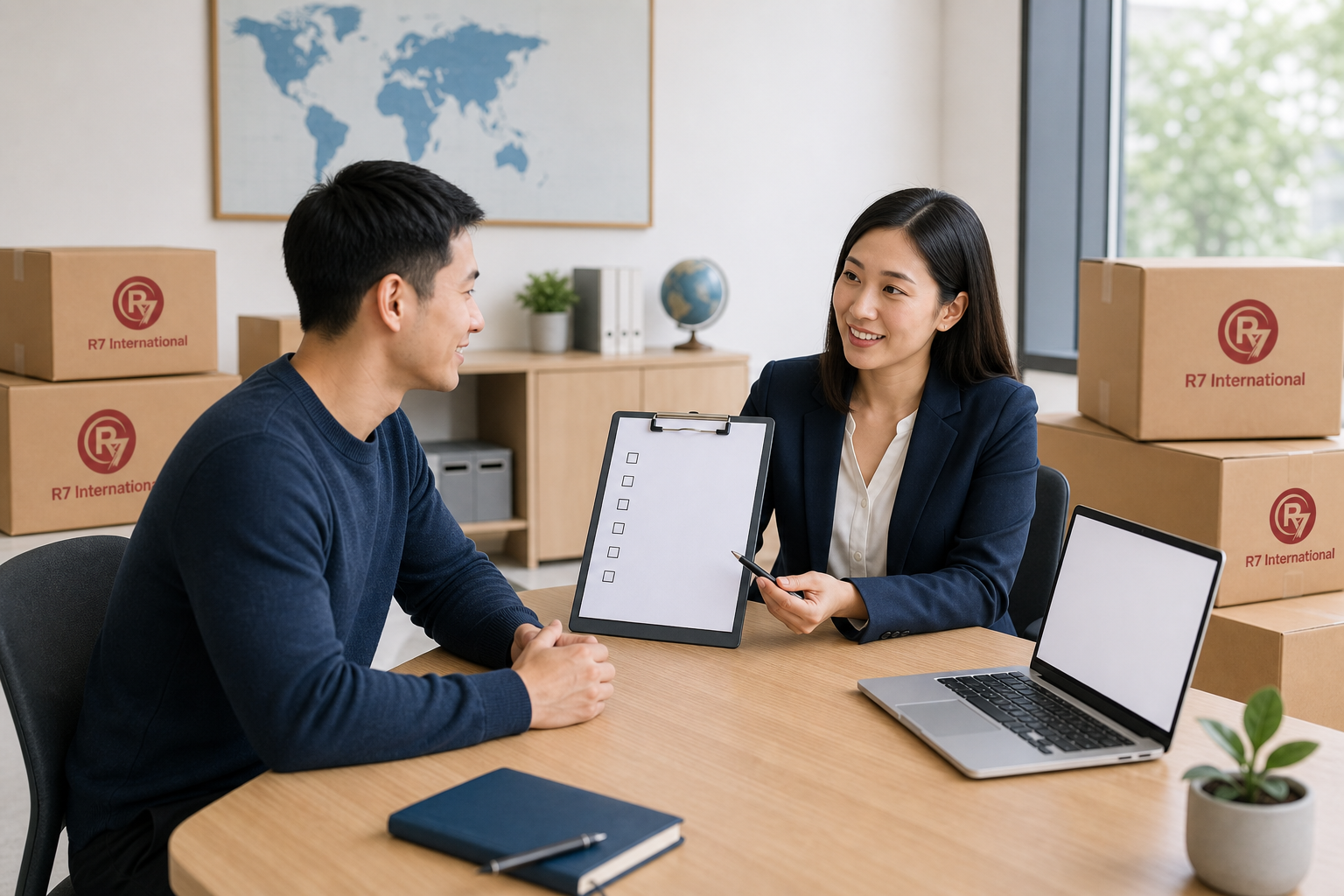 HR professional discussing an employee relocation policy with R7 International moving boxes