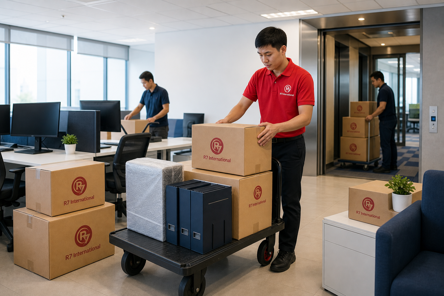 R7 International movers handling branded boxes and office equipment