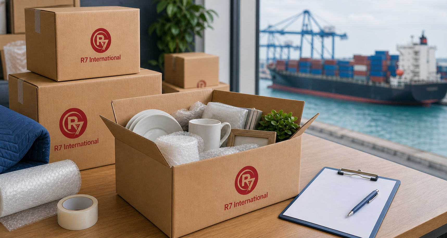 R7 International branded moving boxes with a shipment condition checklist