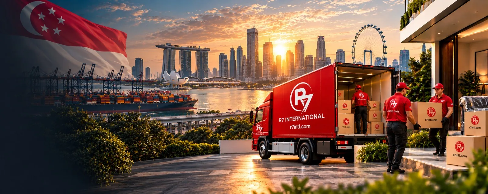 R7 International movers unloading a branded truck at a home in Singapore, with the Singapore flag and the Marina Bay skyline at sunset